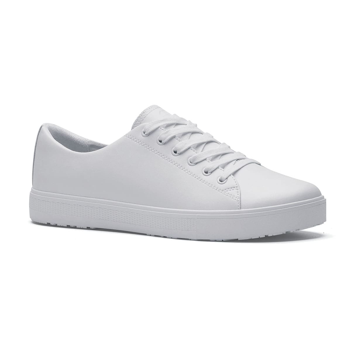 The Old School Low-Rider White from Shoes For Crews is a slip resistant lace-up designed to provide comfort throughout the day, seen from the right profile.