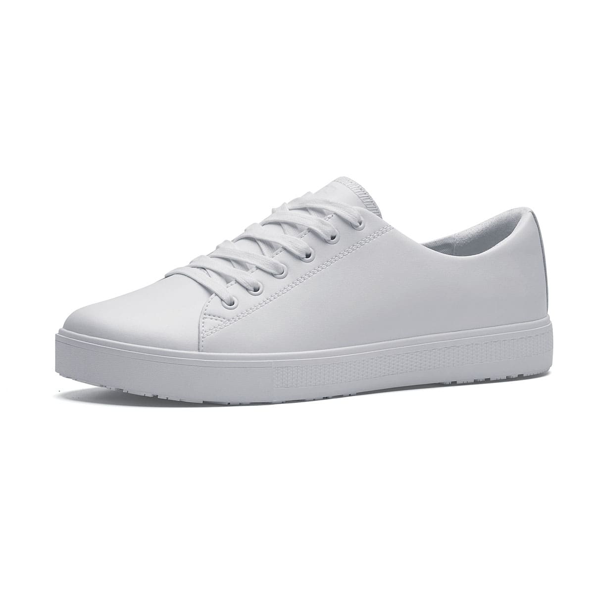 The Old School Low-Rider White from Shoes For Crews is a slip resistant lace-up designed to provide comfort throughout the day, seen from the left profile.