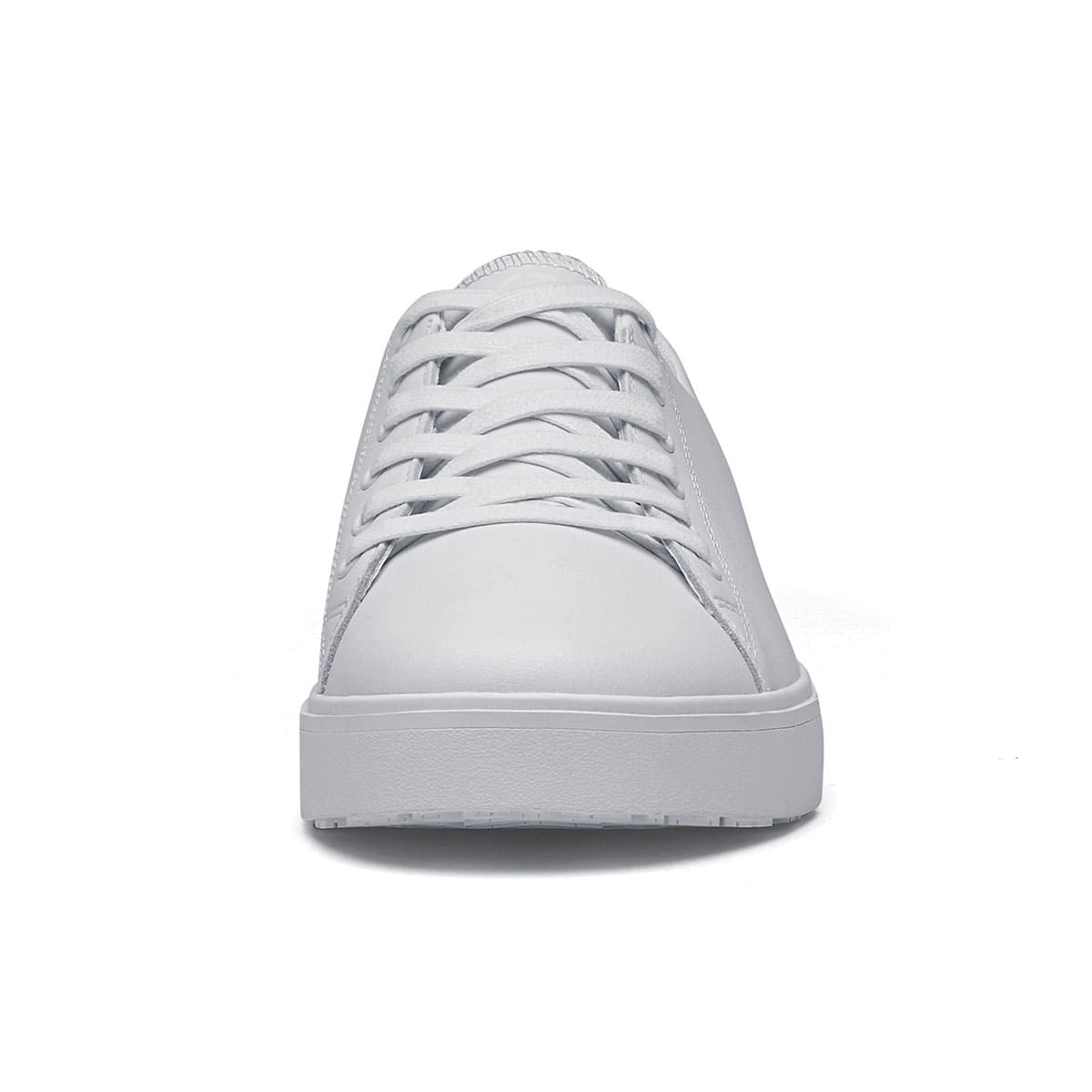 The Old School Low-Rider White from Shoes For Crews is a slip resistant lace-up designed to provide comfort throughout the day, seen from the front.