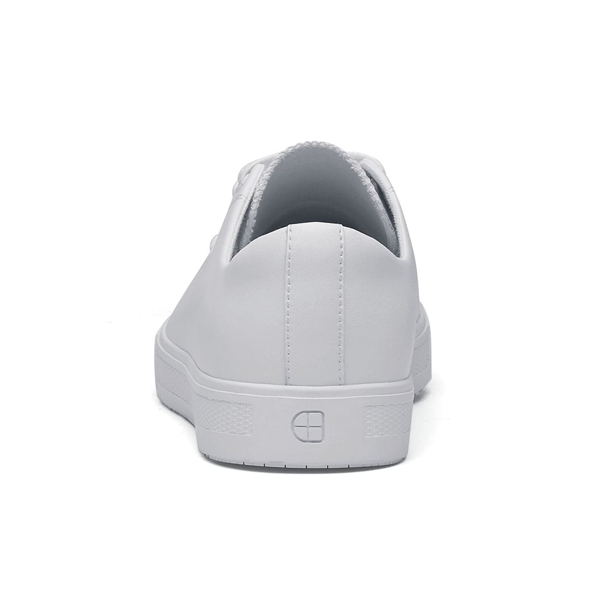 The Old School Low-Rider White from Shoes For Crews is a slip resistant lace-up designed to provide comfort throughout the day, seen from the back.