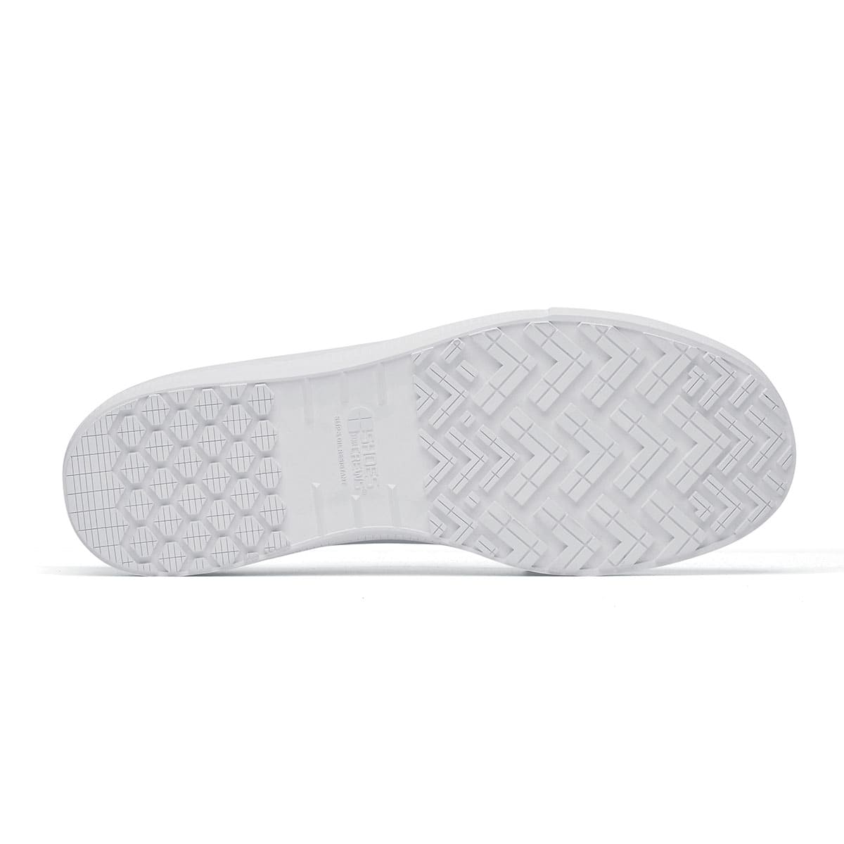 The Old School Low-Rider White from Shoes For Crews is a slip resistant lace-up designed to provide comfort throughout the day, seen from below.