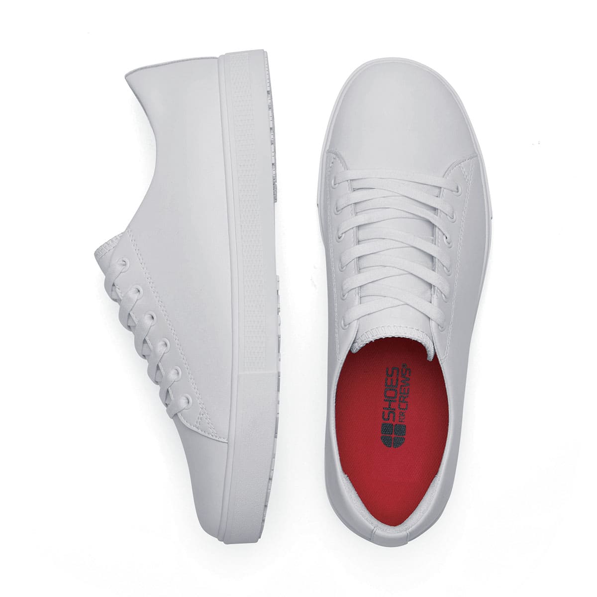 The Old School Low-Rider White from Shoes For Crews is a slip resistant lace-up designed to provide comfort throughout the day, viewed vertically from above and from the side.