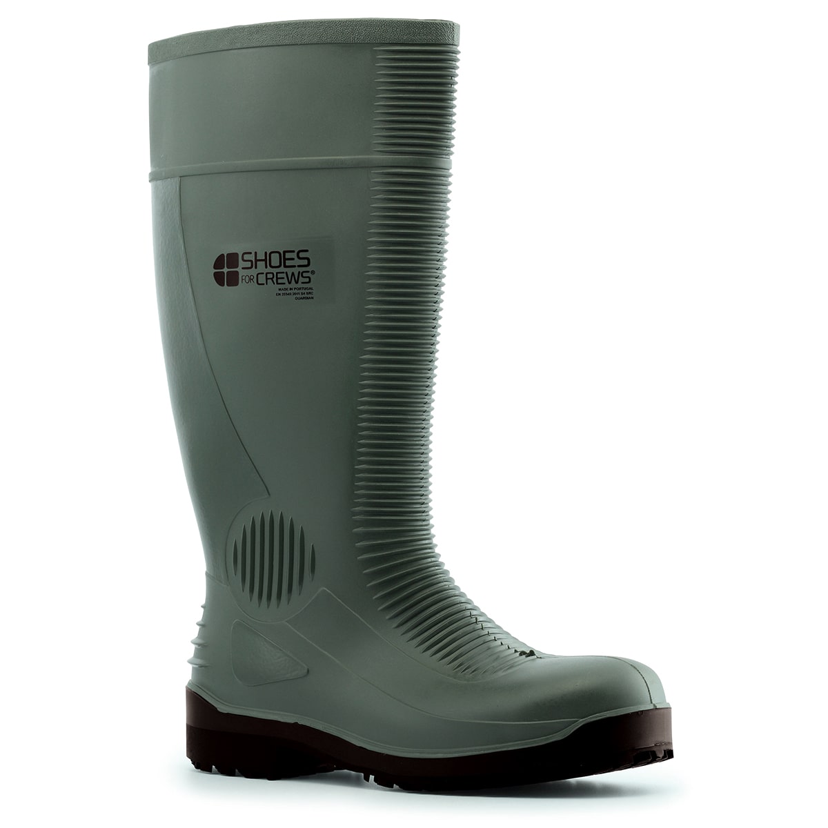 The Guardian Green from Shoes For Crews waterproof wellington boots offers superior slip resistance on a variety of flooring surfaces, seen from the right profile.
