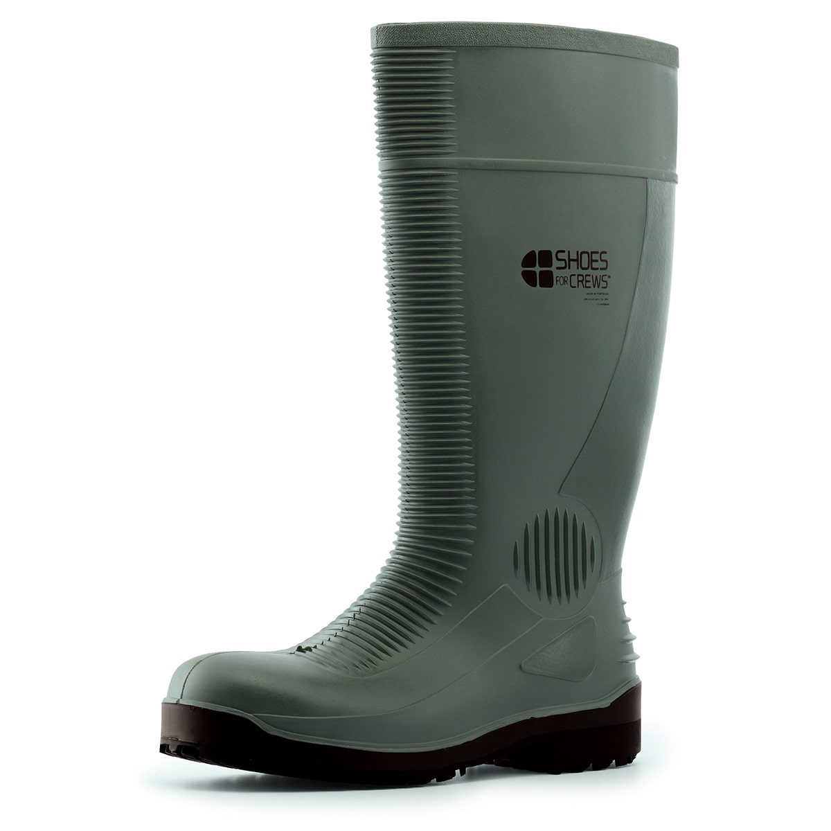 The Guardian Green from Shoes For Crews waterproof wellington boots offers superior slip resistance on a variety of flooring surfaces, seen from the left profile.