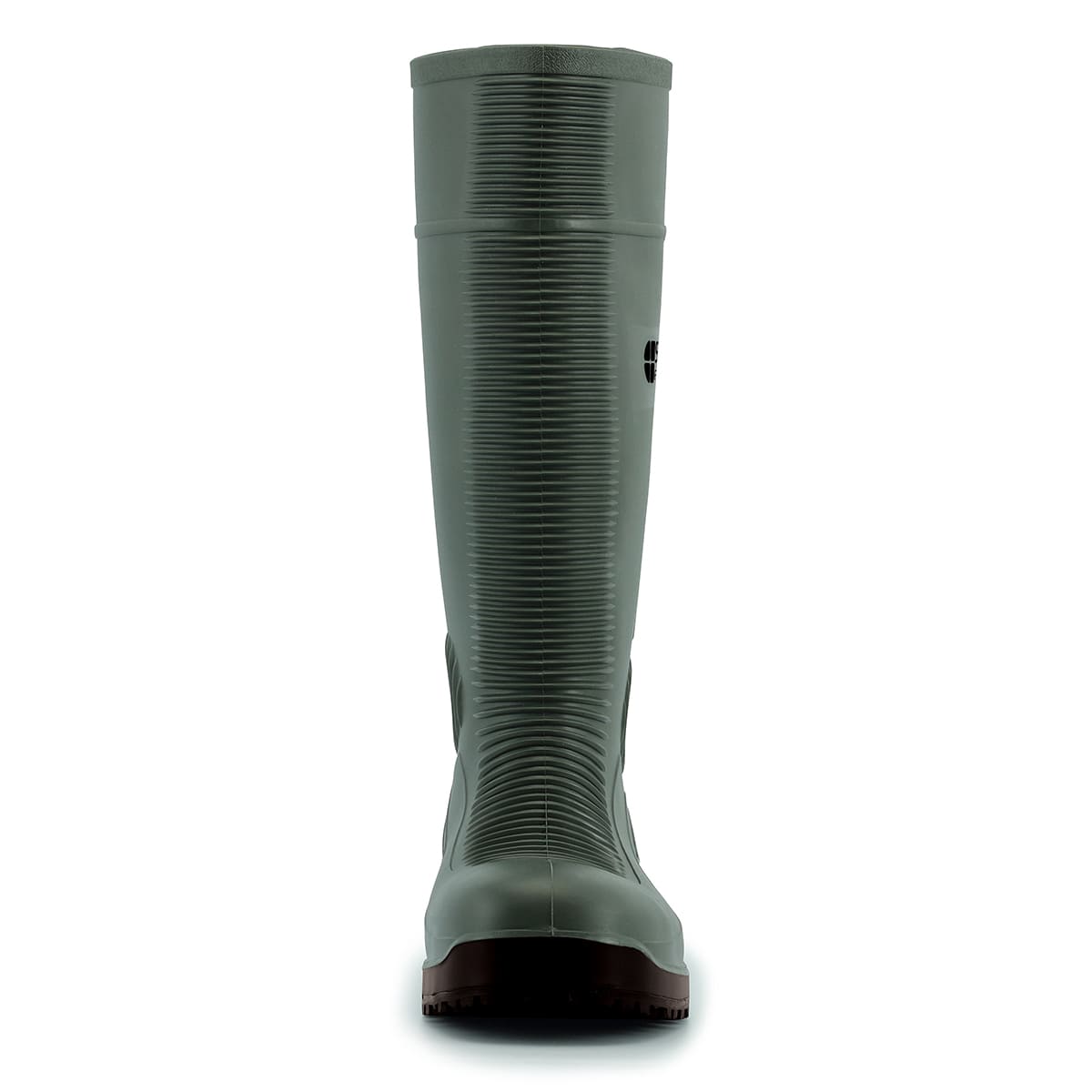 The Guardian Green from Shoes For Crews waterproof wellington boots offers superior slip resistance on a variety of flooring surfaces, seen from the front.