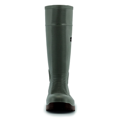 The Guardian Green from Shoes For Crews waterproof wellington boots offers superior slip resistance on a variety of flooring surfaces, seen from the front.
