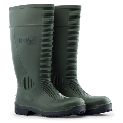 The Guardian Green from Shoes For Crews waterproof wellington boots offers superior slip resistance on a variety of flooring surfaces, pair seen in profile on the right.