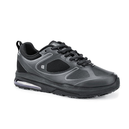 The Revolution II Black from Shoes For Crews are slip-resistant trainers designed to provide comfort, seen from the left profile.