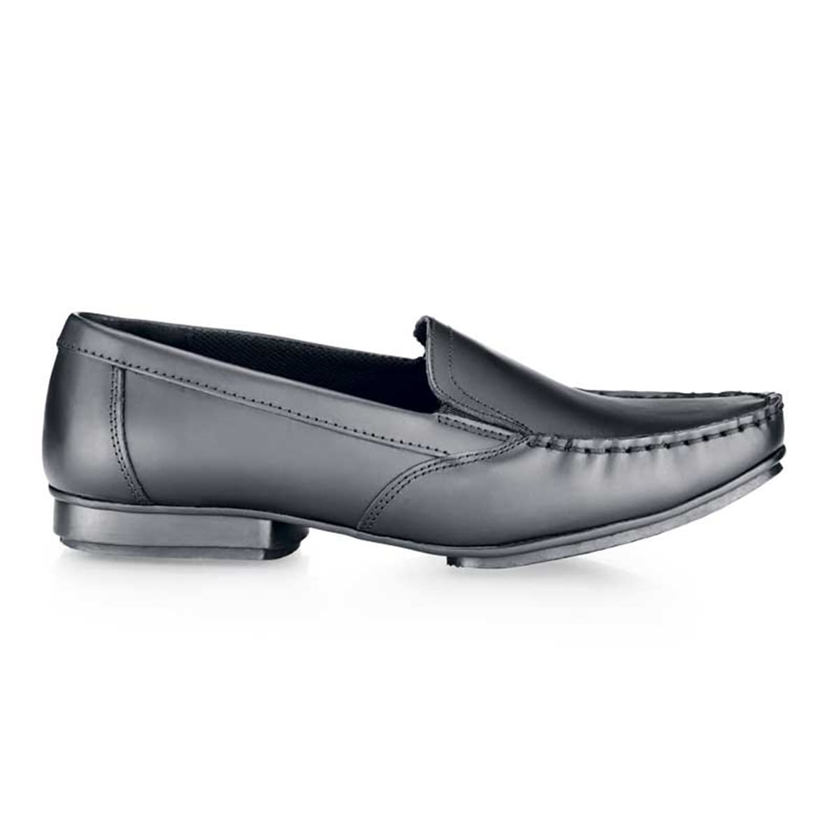 The Jenni from Shoes For Crews is a slip-on dress shoe, slip-resistant and designed to provide comfort throughout the working day, seen from the right.