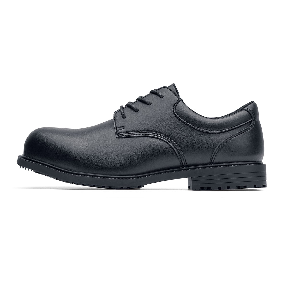 The Shoes for Crews Cambridge ST II  is an slip-resistant vegan leather dress shoe with steel toe (200 joules),  seen from the left.