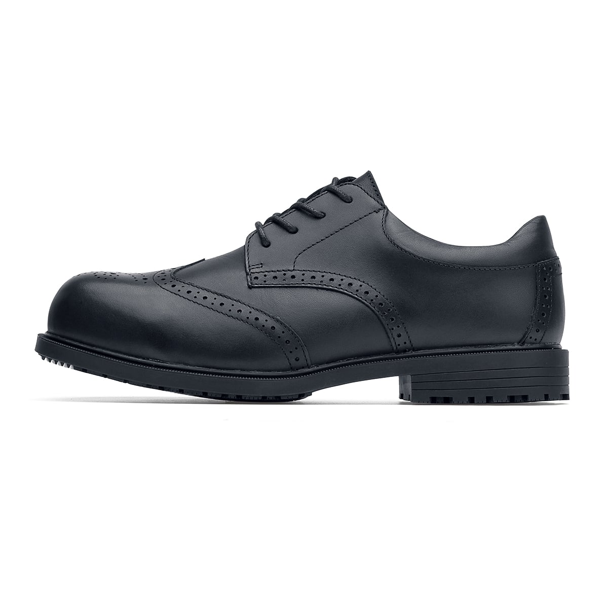The Executive Wing Tip II ST from Shoes For Crews are formal slip-resistant safety shoes, made of leather and with a steel toe, seen from the left.
