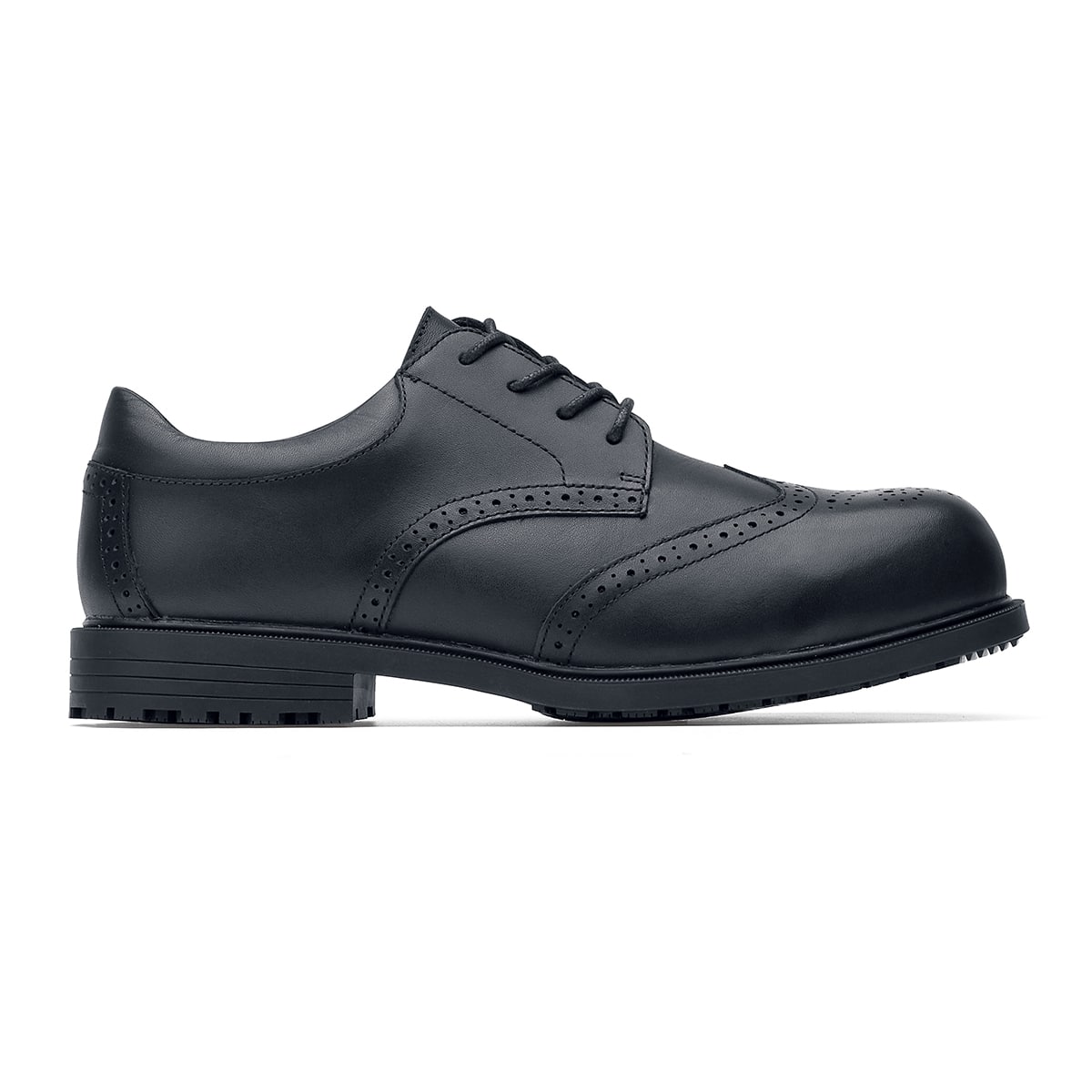 The Executive Wing Tip II ST from Shoes For Crews are formal slip-resistant safety shoes, made of leather and with a steel toe, seen from the right.