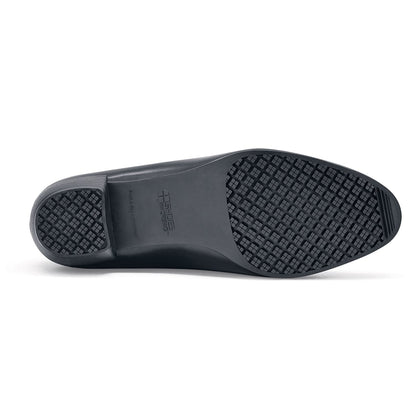 The Envy III Wide from Shoes For Crews is a slip-resistant shoe made with a durable, water-resistant leather upper, seen from below.