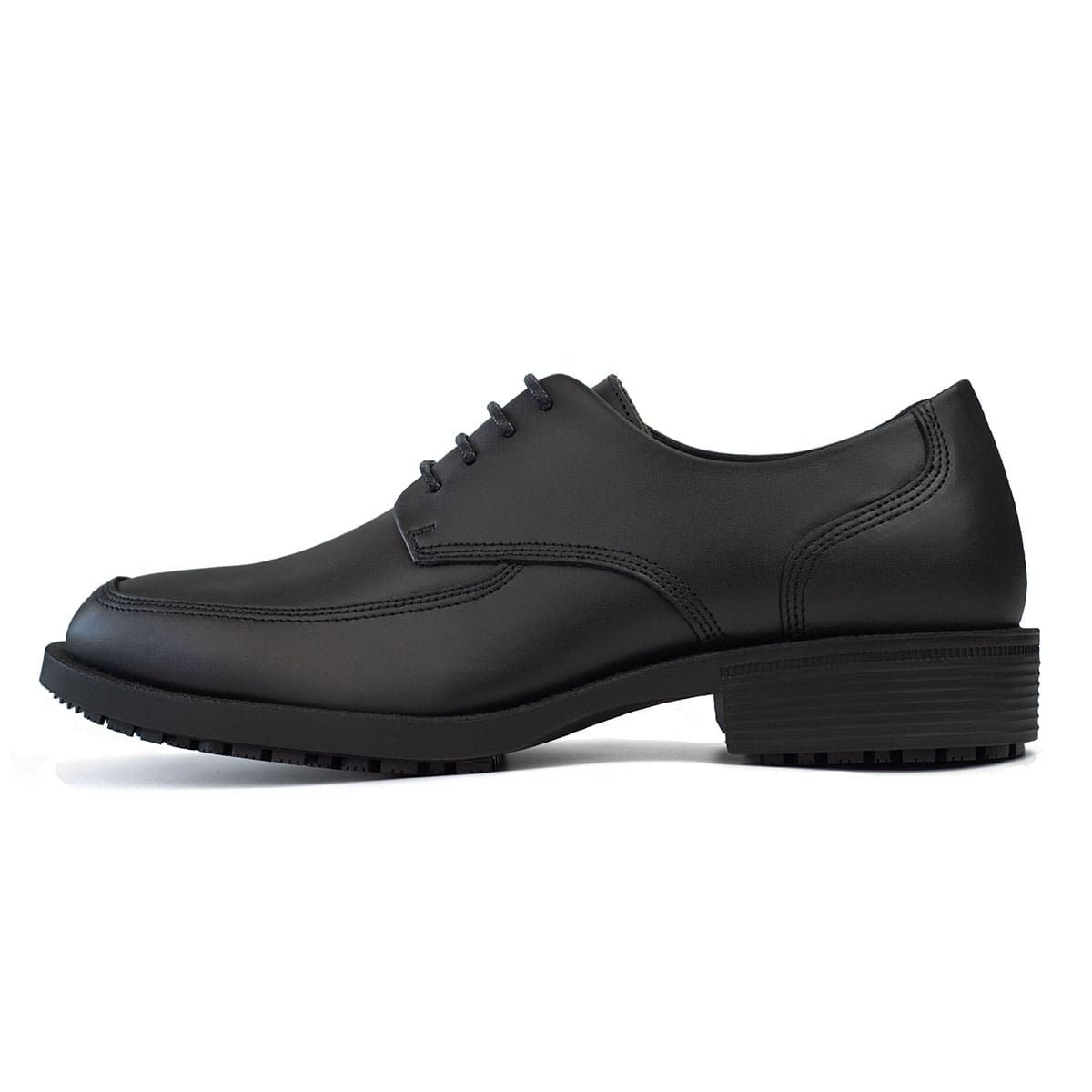 Slip resistant black formal shoe with waterproof leather upper and a removable, cushioned insole, left side view.