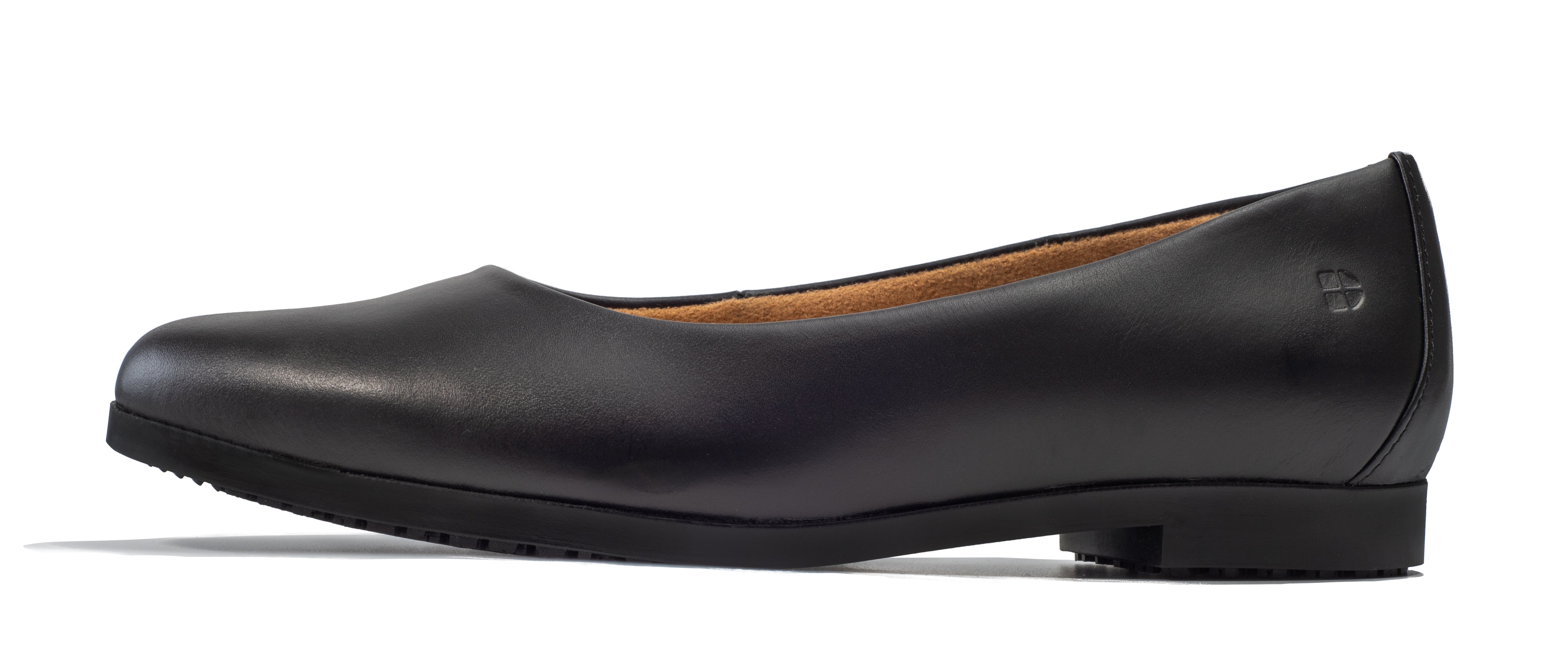 The Reese from Shoes For Crews are slip-resistant, slip-on dress shoes that are ideal for those looking for safety and style, seen from the left.