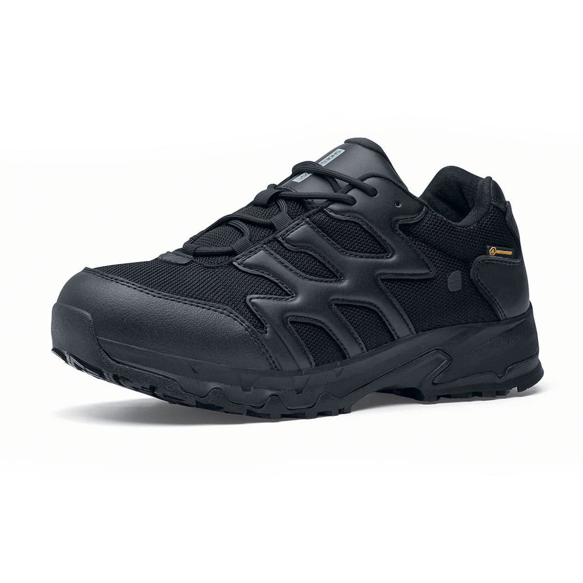 The Carrig Low O2 SRC CI HI ESD from Shoes For Crews is a slip-resistant, waterproof, breathable and lightweight hiker shoe ideal for daily use, seen from the left  profile.