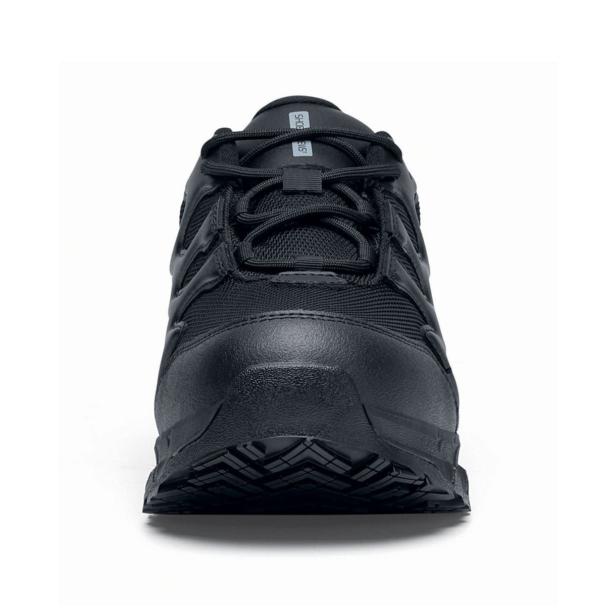 The Carrig Low O2 SRC CI HI ESD from Shoes For Crews is a slip-resistant, waterproof, breathable and lightweight hiker shoe ideal for daily use, seen from the front.