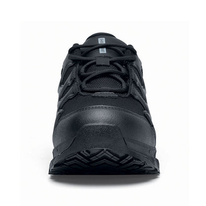 The Carrig Low O2 SRC CI HI ESD from Shoes For Crews is a slip-resistant, waterproof, breathable and lightweight hiker shoe ideal for daily use, seen from the front.
