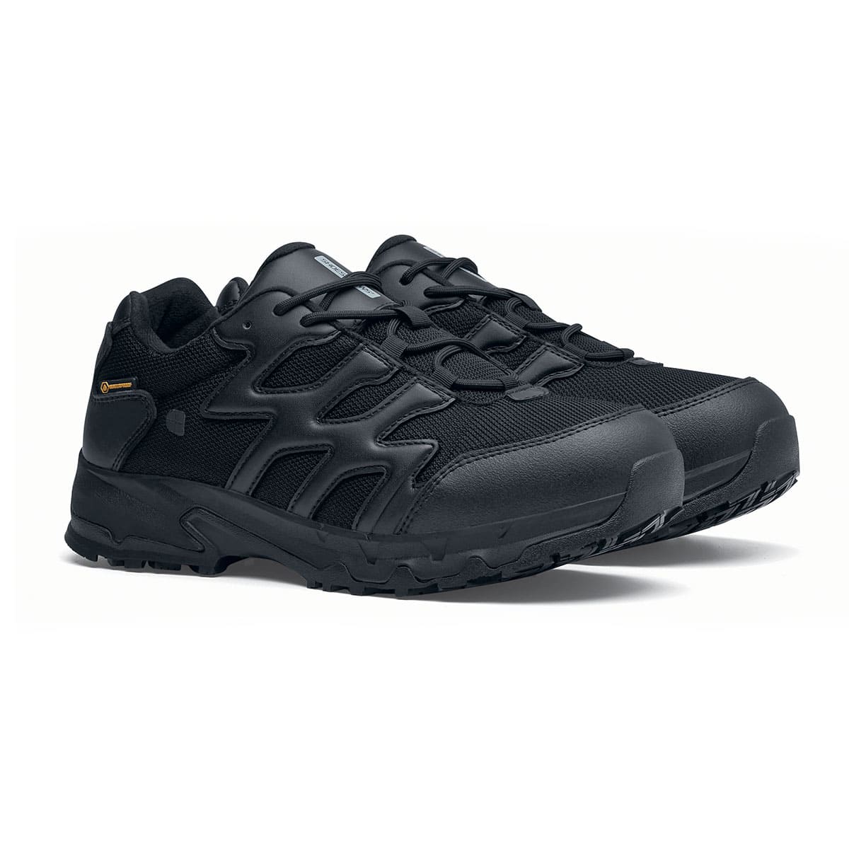 The Carrig Low O2 SRC CI HI ESD from Shoes For Crews is a slip-resistant, waterproof, breathable and lightweight hiker shoe ideal for daily use, pair seen in profile on the right.