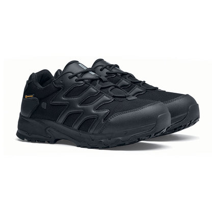 The Carrig Low O2 SRC CI HI ESD from Shoes For Crews is a slip-resistant, waterproof, breathable and lightweight hiker shoe ideal for daily use, pair seen in profile on the right.