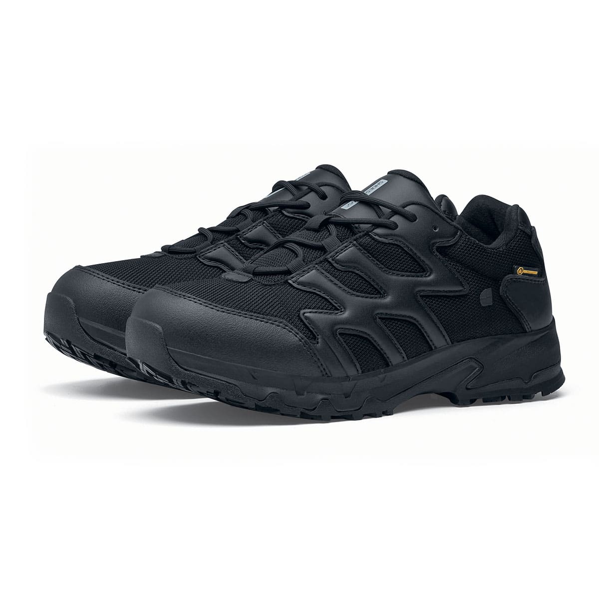 The Carrig Low O2 SRC CI HI ESD from Shoes For Crews is a slip-resistant, waterproof, breathable and lightweight hiker shoe ideal for daily use, pair seen in profile on the left.