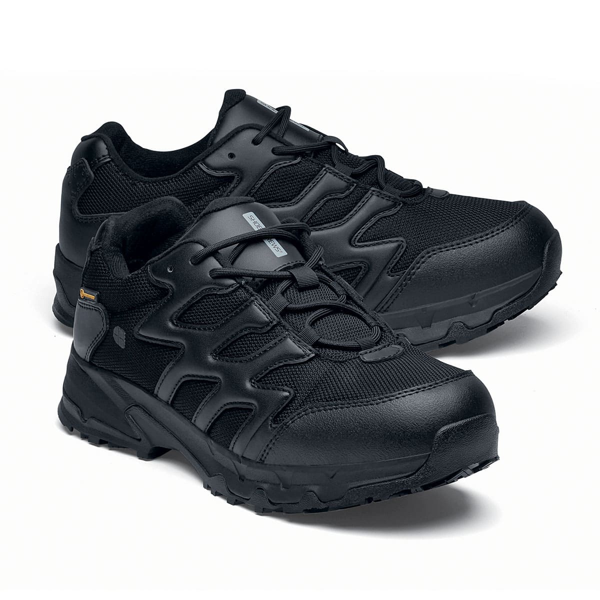 The Carrig Low O2 SRC CI HI ESD from Shoes For Crews is a slip-resistant, waterproof, breathable and lightweight hiker shoe ideal for daily use, , seen in profile on the right, emphasising the tip of the right shoe.