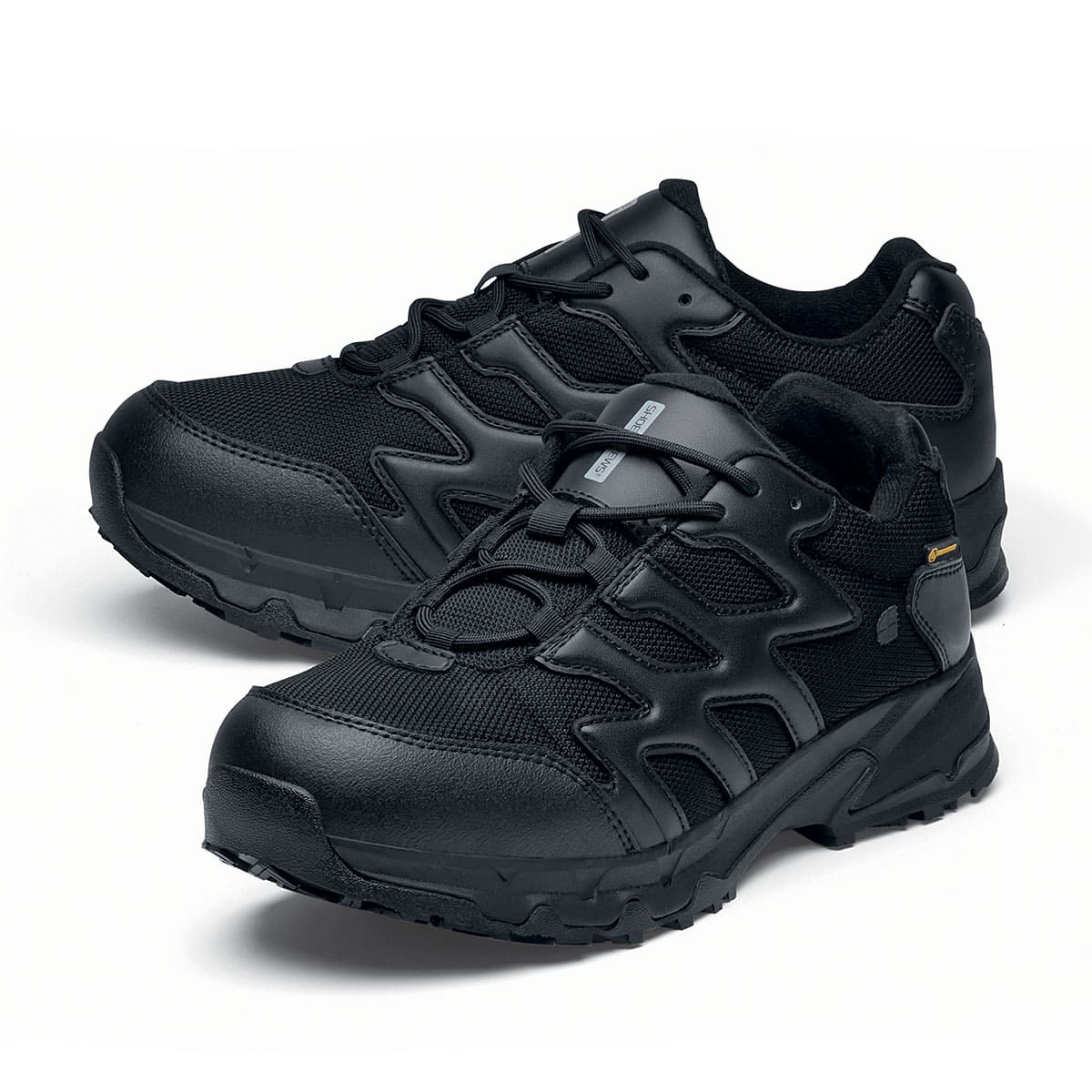 The Carrig Low O2 SRC CI HI ESD from Shoes For Crews is a slip-resistant, waterproof, breathable and lightweight hiker shoe ideal for daily use, , seen in profile on the left, emphasising the tip of the left shoe.