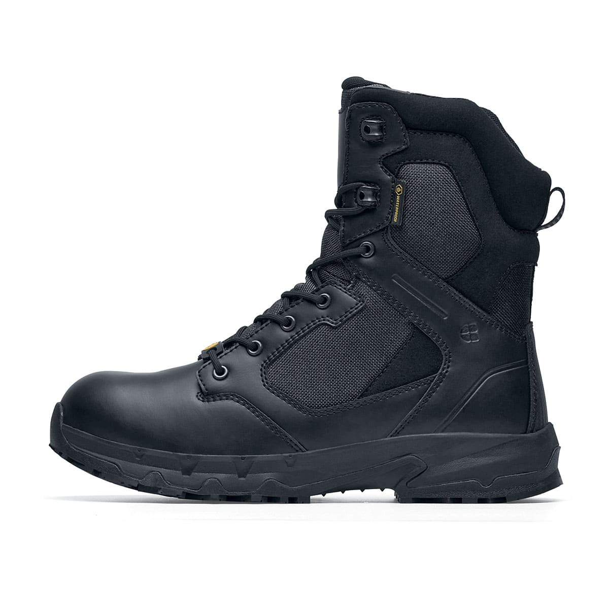 Darver from Shoes For Crews are safety boots with a superior slip-resistant outsole and materials resistant to water- and blood-borne pathogens, seen from the left.