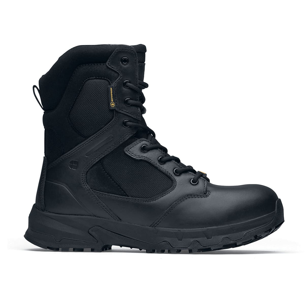 The Defence High from Shoes For Crews are waterproof, slip-resistant safety boots, seen from the right.