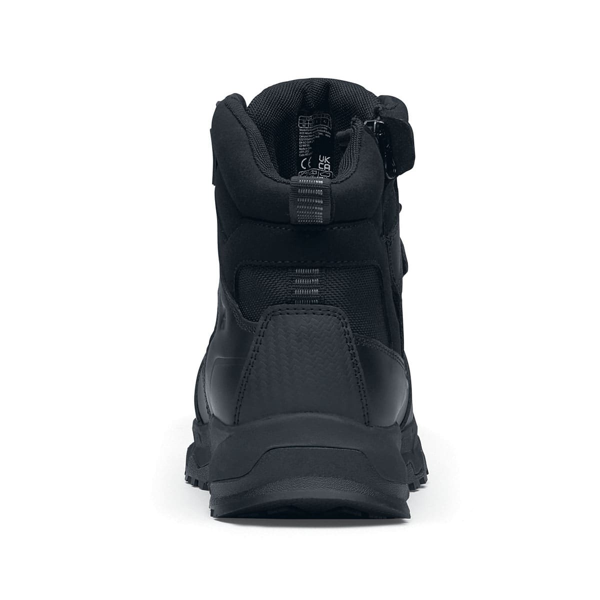 The Defence Mid from Shoes For Crews are waterproof, slip-resistant safety boots, seen from the back.