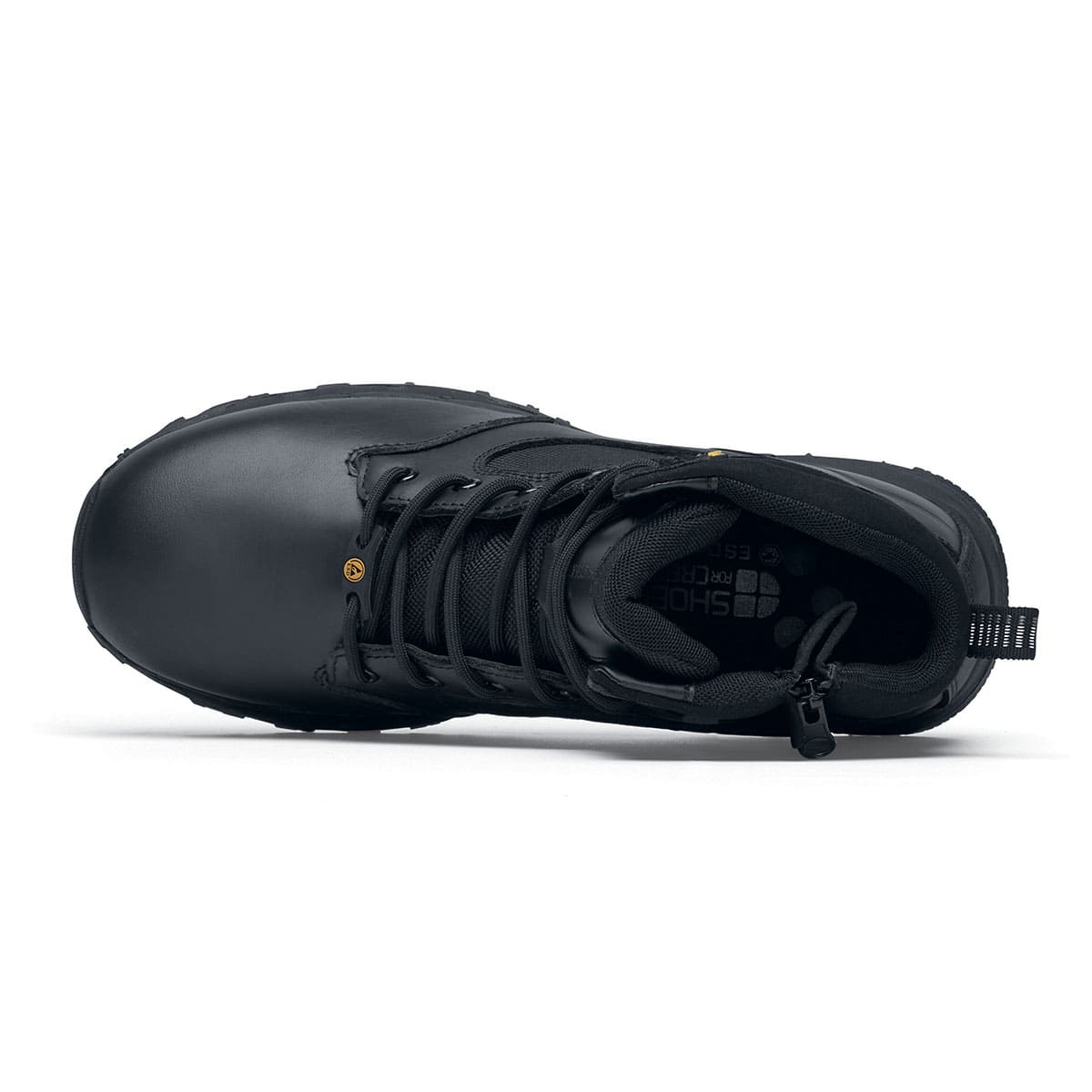 The Defence Mid from Shoes For Crews are waterproof, slip-resistant safety boots, seen from above.