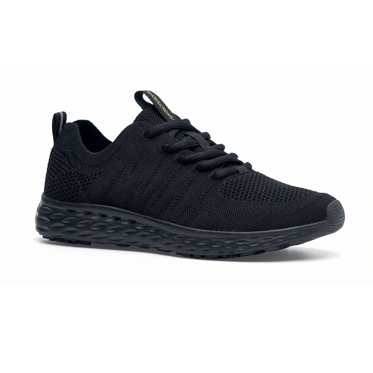 The Everlight™ Eco Men's Black from Shoes For Crews are slip-resistant trainers built with a recycled mesh upper that is water-resistant and breathable. Designed to keep your feet cool and ventilated, seen from the right profile.