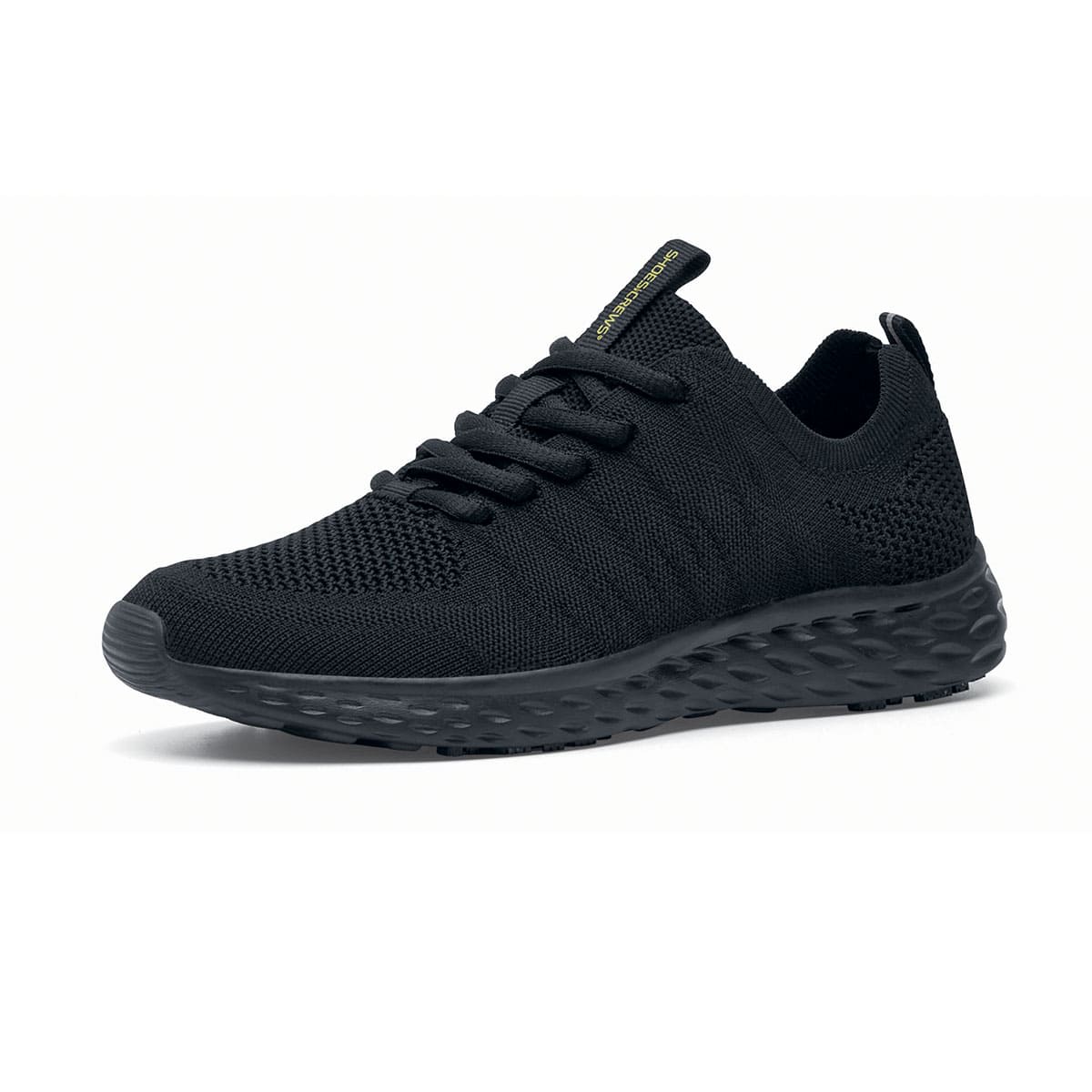 The Everlight™ Eco Men's Black from Shoes For Crews are slip-resistant trainers built with a recycled mesh upper that is water-resistant and breathable. Designed to keep your feet cool and ventilated, seen from the left profile.