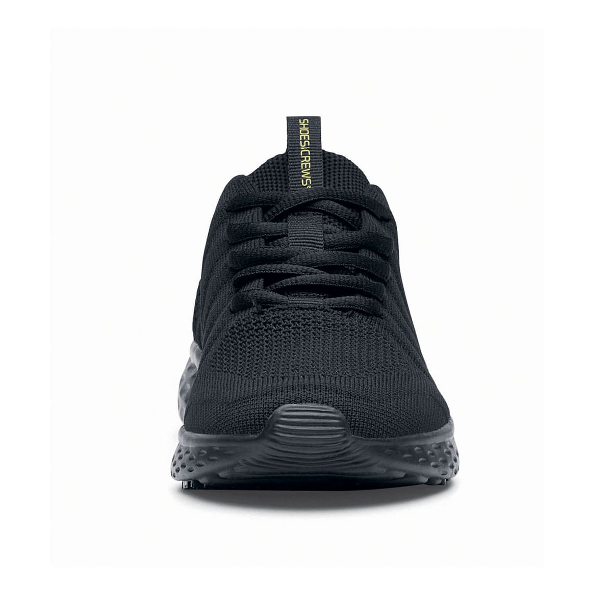 The Everlight™ Eco Men's Black from Shoes For Crews are slip-resistant trainers built with a recycled mesh upper that is water-resistant and breathable. Designed to keep your feet cool and ventilated, seen from the front.