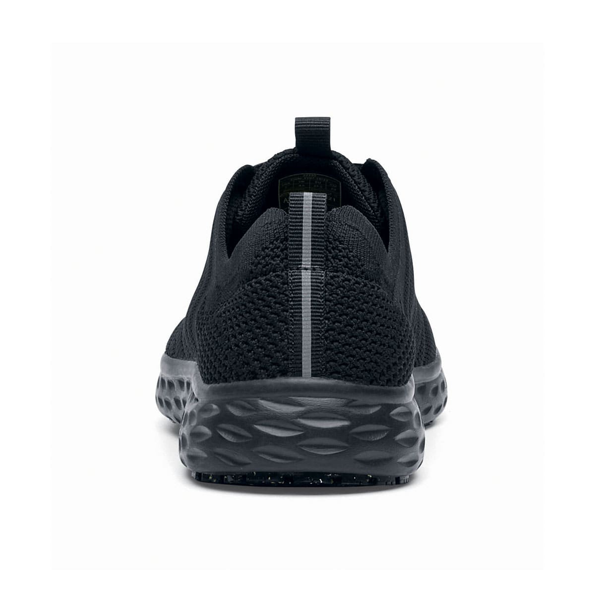 The Everlight™ Eco Men's Black from Shoes For Crews are slip-resistant trainers built with a recycled mesh upper that is water-resistant and breathable. Designed to keep your feet cool and ventilated, seen from the back.