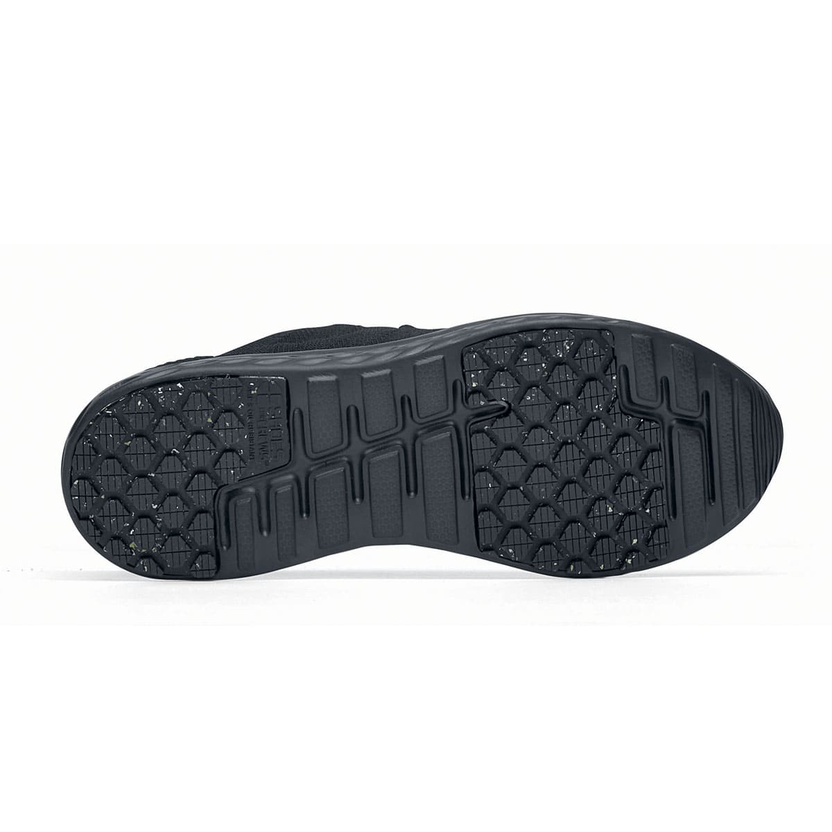 The Everlight™ Eco Men's Black from Shoes For Crews are slip-resistant trainers built with a recycled mesh upper that is water-resistant and breathable. Designed to keep your feet cool and ventilated, seen from below.