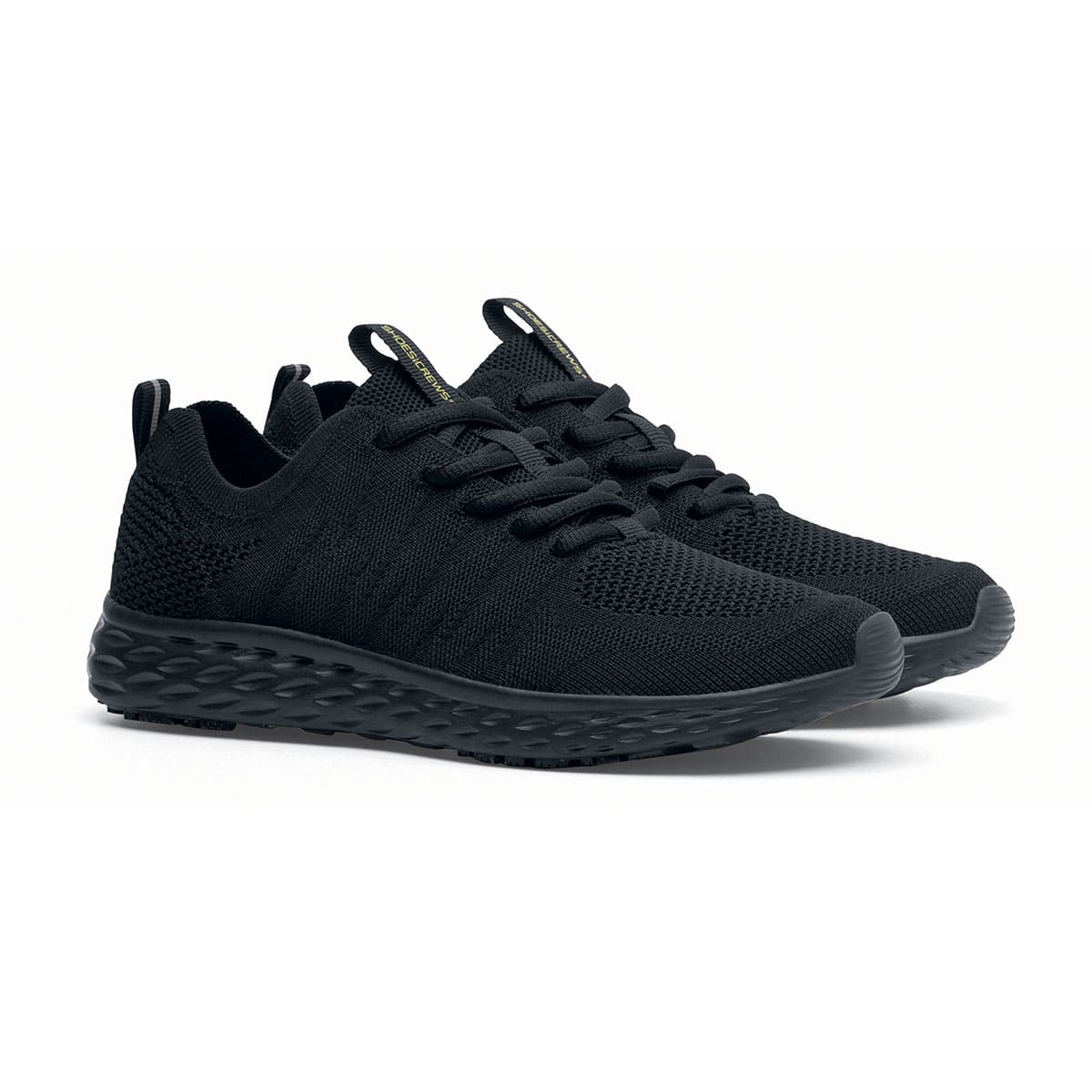 The Everlight™ Eco Men's Black from Shoes For Crews are slip-resistant trainers built with a recycled mesh upper that is water-resistant and breathable. Designed to keep your feet cool and ventilated, pair seen in profile on the right.