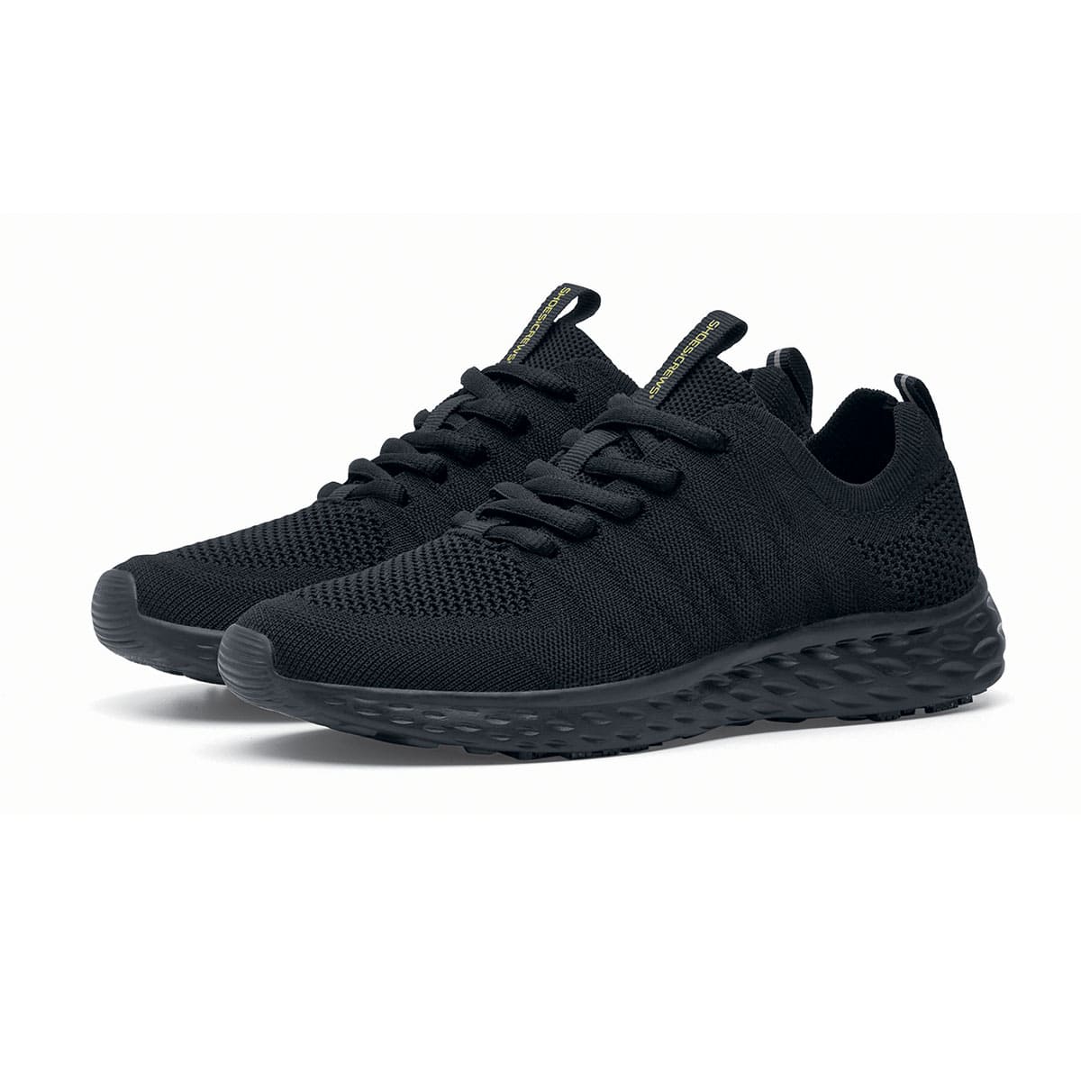 The Everlight™ Eco Men's Black from Shoes For Crews are slip-resistant trainers built with a recycled mesh upper that is water-resistant and breathable. Designed to keep your feet cool and ventilated, pair seen in profile on the left.
