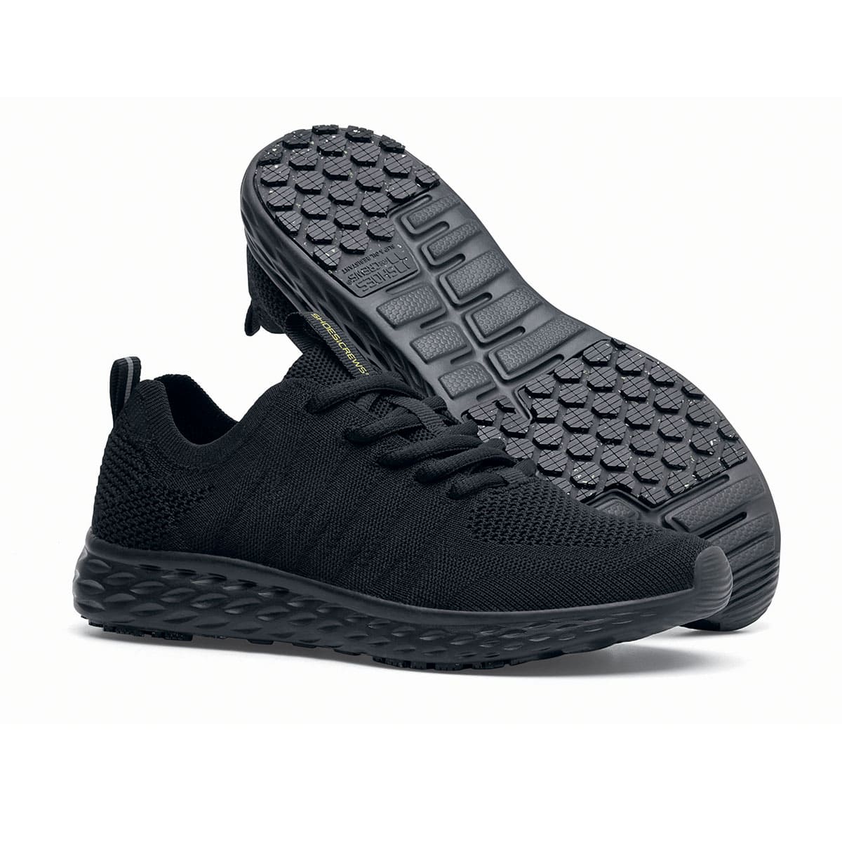 The Everlight™ Eco Men's Black from Shoes For Crews are slip-resistant trainers built with a recycled mesh upper that is water-resistant and breathable. Designed to keep your feet cool and ventilated, pair seen from the right side and the sole.
