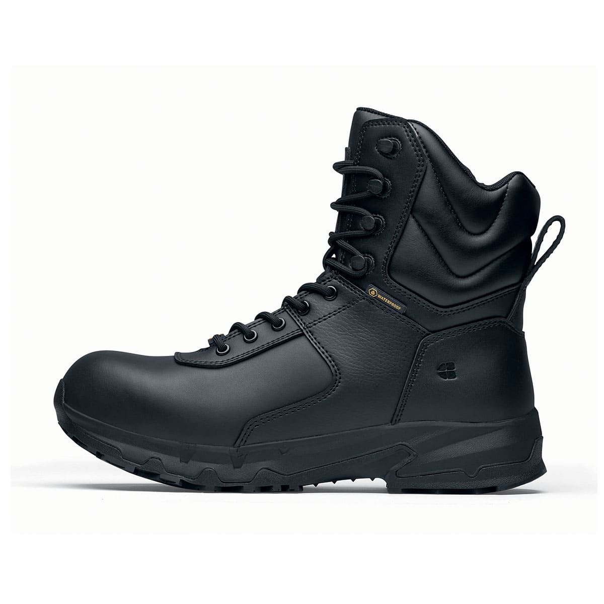 The Guard High from Shoes For Crews are waterproof slip-resistant safety boots with a safety toe cap, seen from the left.