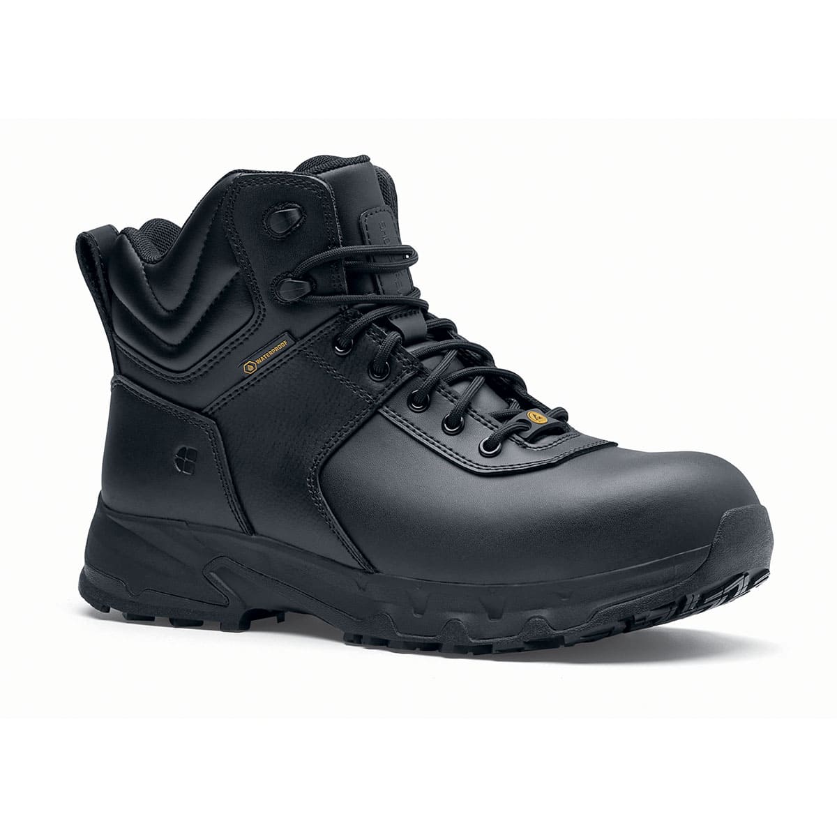 The Guard Mid from Shoes For Crews are waterproof slip-resistant safety boots with a safety toe cap, seen from the right profile.