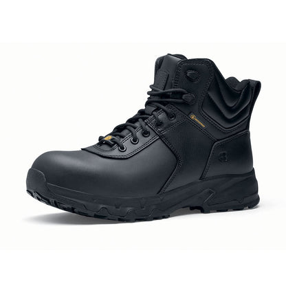 The Guard Mid from Shoes For Crews are waterproof slip-resistant safety boots with a safety toe cap, seen from the left profile.