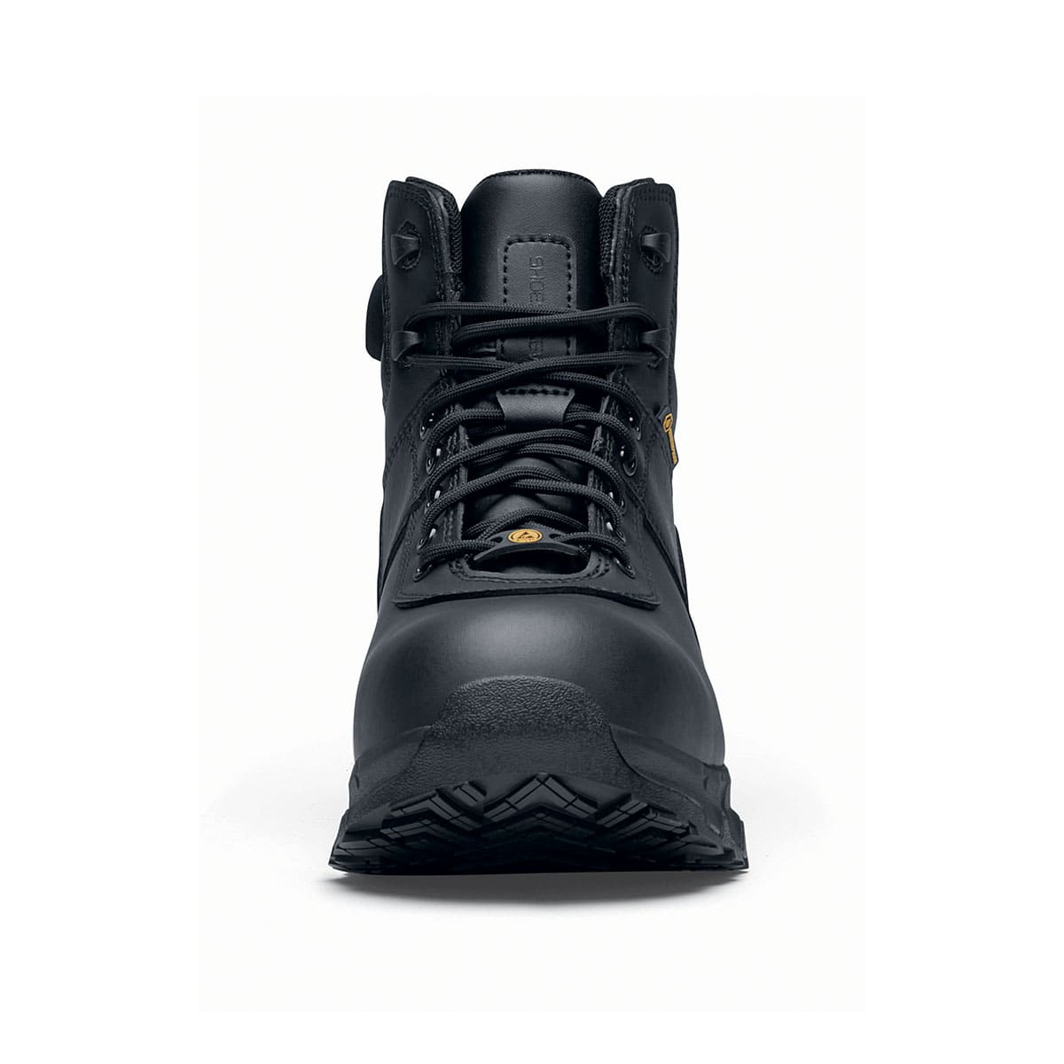 The Guard Mid from Shoes For Crews are waterproof slip-resistant safety boots with a safety toe cap, seen from the front.
