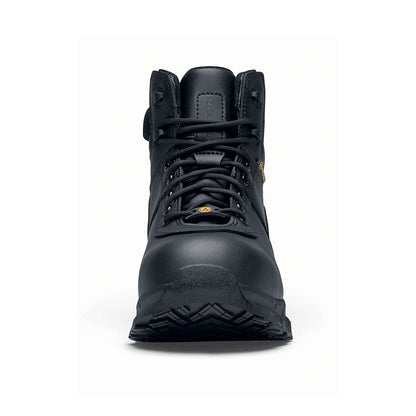 The Guard Mid from Shoes For Crews are waterproof slip-resistant safety boots with a safety toe cap, seen from the front.
