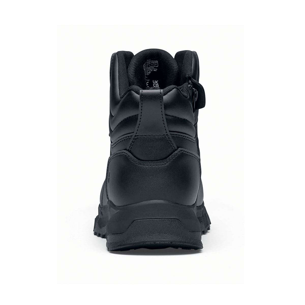 The Guard Mid from Shoes For Crews are waterproof slip-resistant safety boots with a safety toe cap, seen from the back.