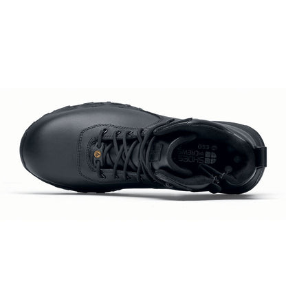 The Guard Mid from Shoes For Crews are waterproof slip-resistant safety boots with a safety toe cap, seen from above.