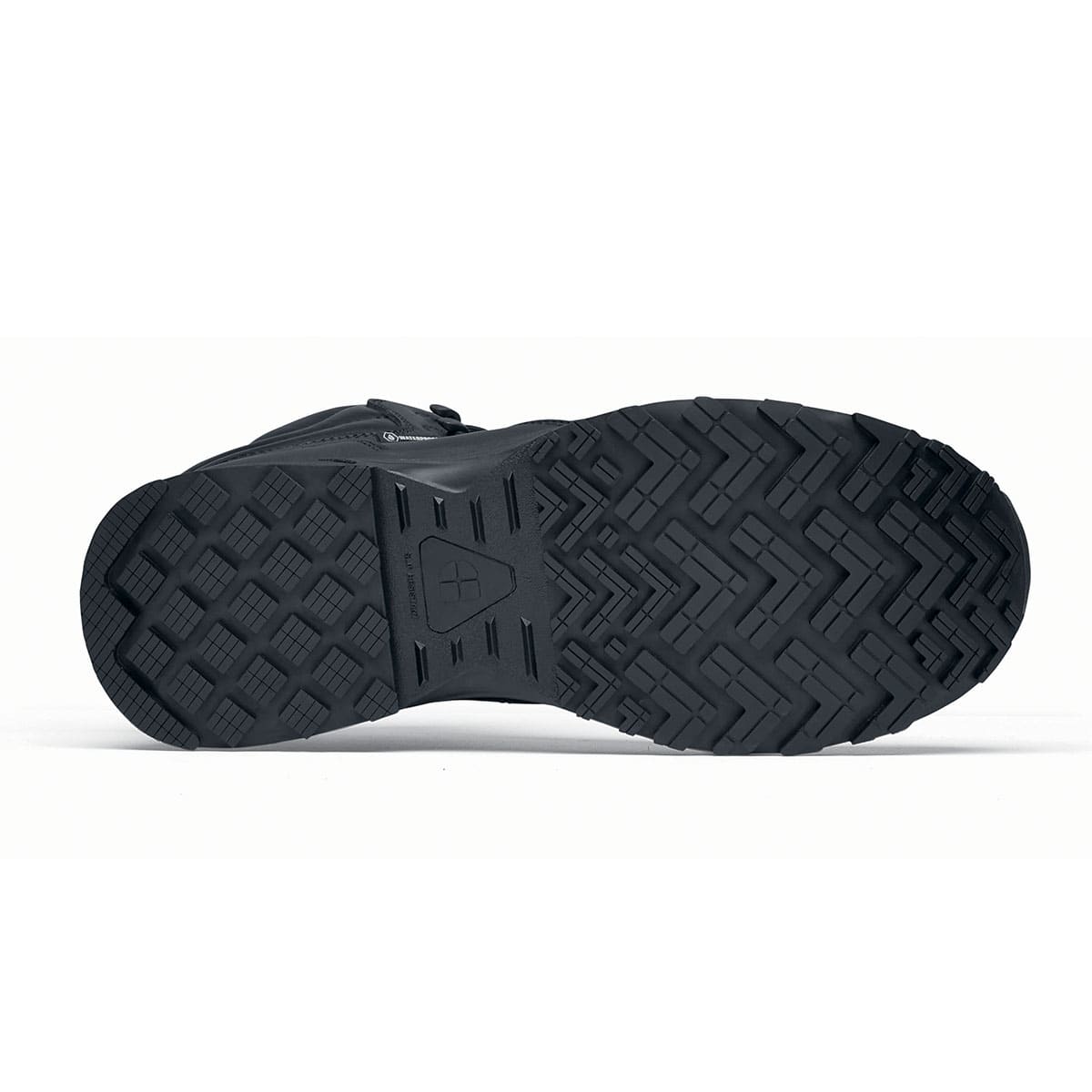 The Guard Mid from Shoes For Crews are waterproof slip-resistant safety boots with a safety toe cap, seen from below.