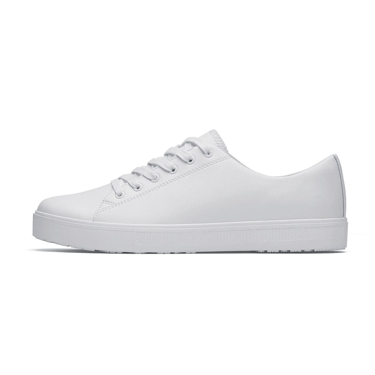 The Old School Low-Rider White from Shoes For Crews is a slip resistant lace-up designed to provide comfort throughout the day, seen from the left.