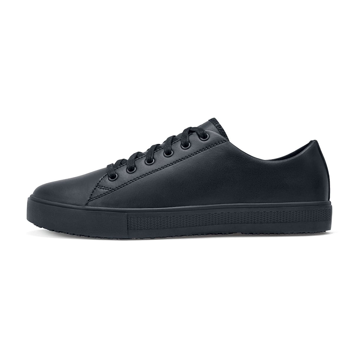 The Old School Low-Rider Black Gladiator Outsole from Shoes For Crews is a slip resistant lace-up shoe designed to provide comfort throughout the day, seen from the left.