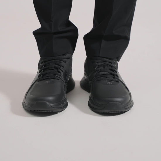 The Condor Men's Black from Shoes for Crews is a slip-resistant shoe with laces, with additional padding and a removable cushioned insole, product video.